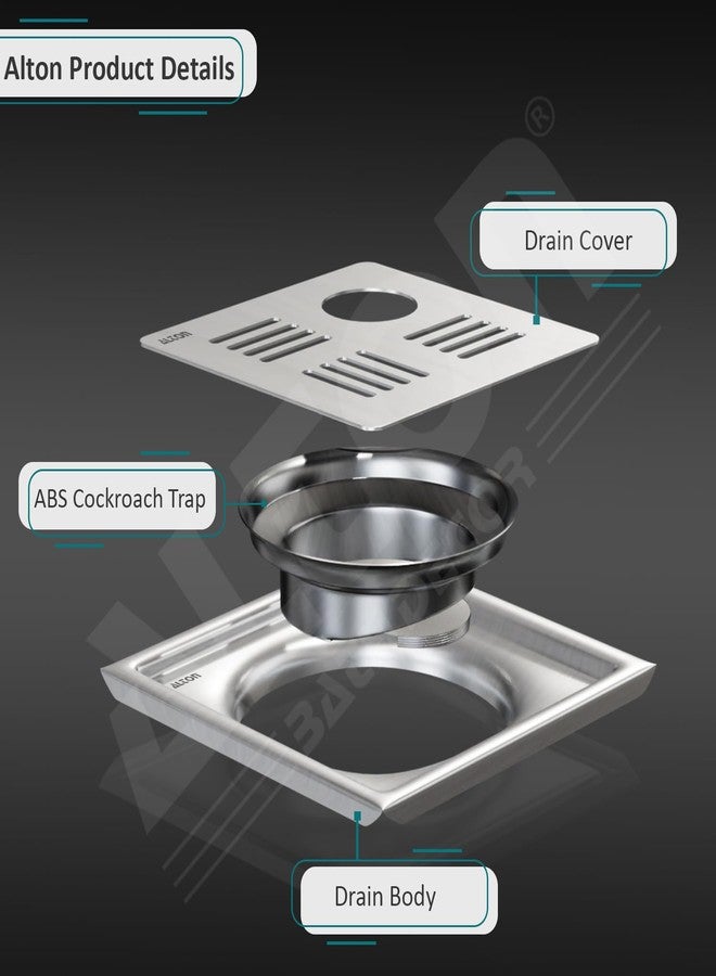 ALTON ALD1001, SS-304 Grade, 5x5 INCH Cut, Bathroom Grating Square Floor Drain Jali with ABS Cockroach Trap, Matte - Image 3
